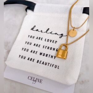 CELINE13 Women’s‎ Lock Charm Layered Necklace Stainless Steel Pouch Included